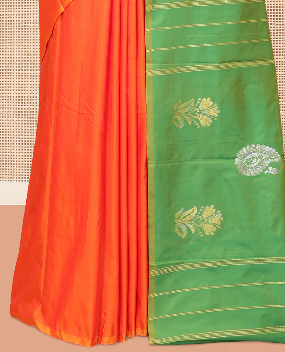 Orange Arani Saree, Adorned with Zari Buttas, a Piping Border, Contrast Zari Design Pallu, and a Contrast Blouse