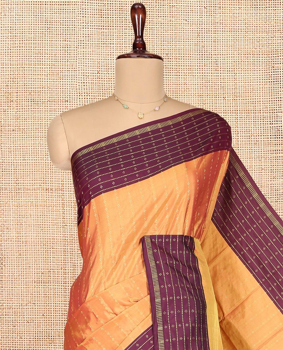 Orange Aarani Gift Saree, Sparsely Woven with Plus-Shaped Buttas on Its Body, Complemented by a Contrast Striped and Buttas Border, Subtle Striped Pallu, and Paired with a Matching Blouse