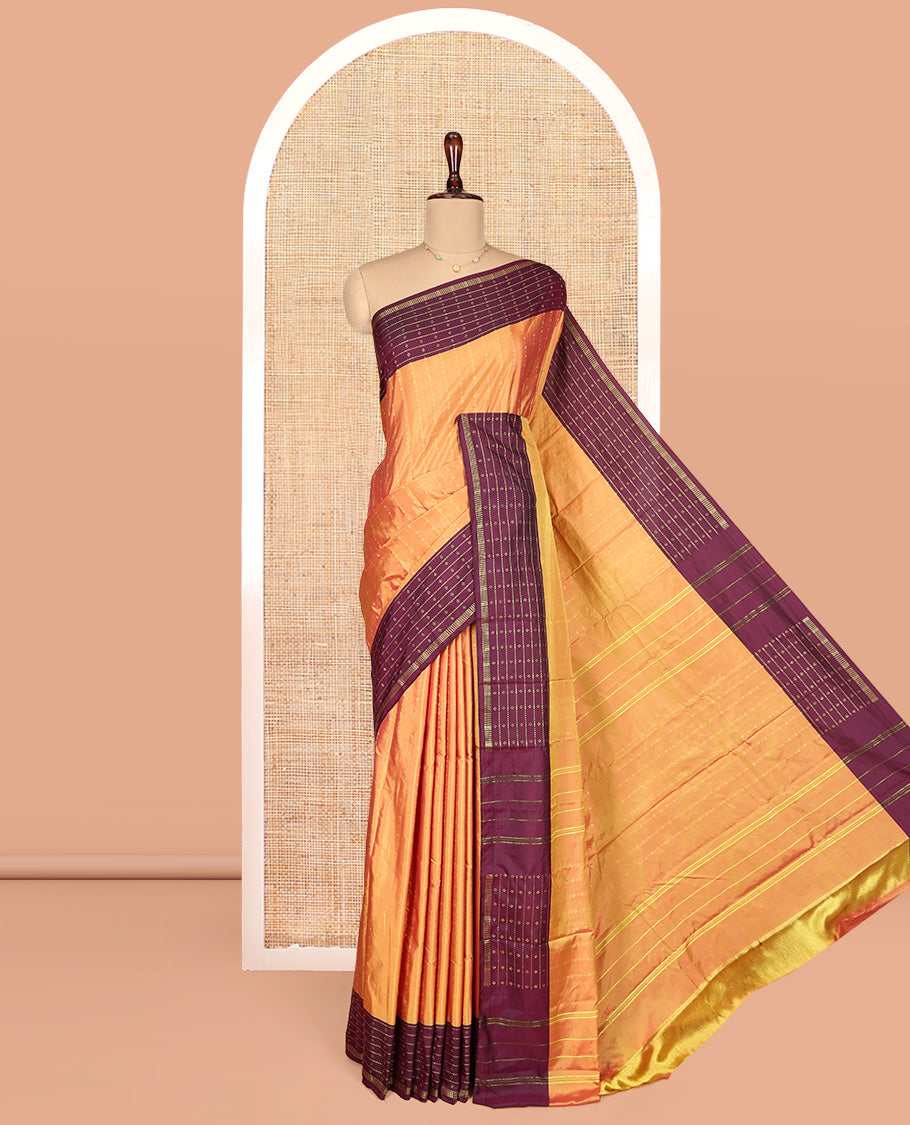 Orange Aarani Gift Saree, Sparsely Woven with Plus-Shaped Buttas on Its Body, Complemented by a Contrast Striped and Buttas Border, Subtle Striped Pallu, and Paired with a Matching Blouse