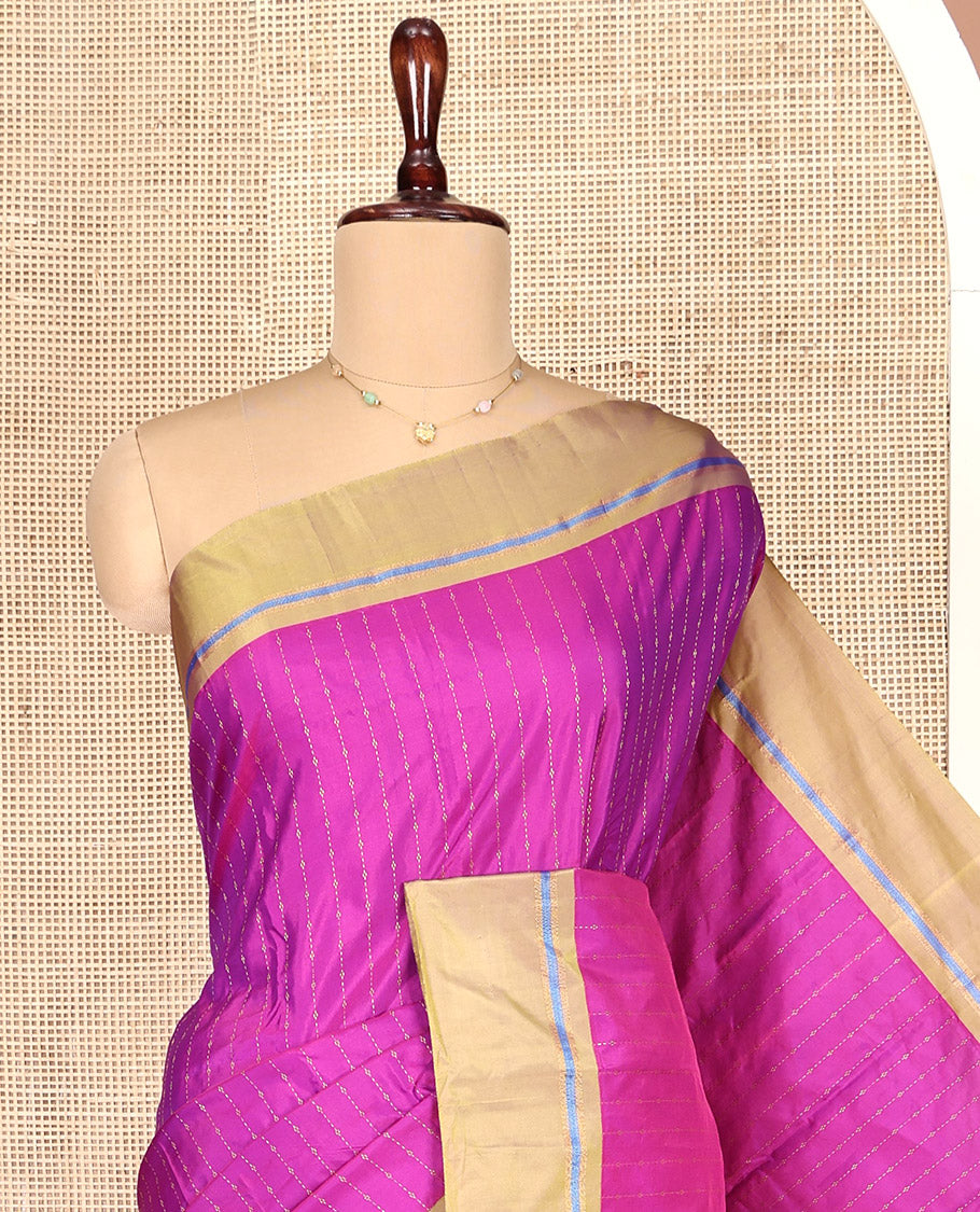Rani Pink Aarani Gift Saree, Subtly Sparkled with Stripes on Its Body, Complemented by a Contrast Border, a Pallu of Stripes, and Paired with a Contrast Blouse
