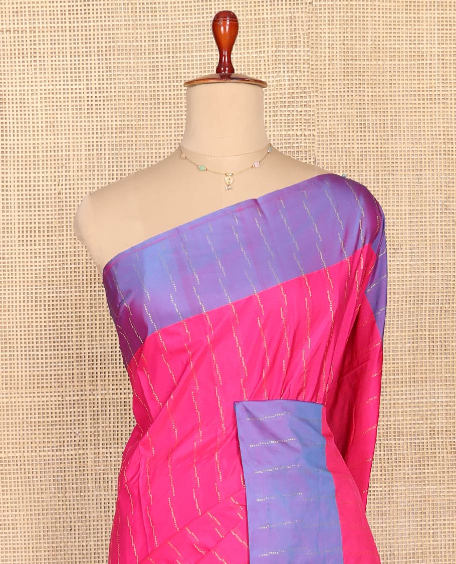 Pink Aarani Silk Saree, Accentuated with Zari Stripes on Its Body, Complemented by a Contrast Zari Striped Border, Pallu of Zari Stripes, and Paired with a Contrast Blouse