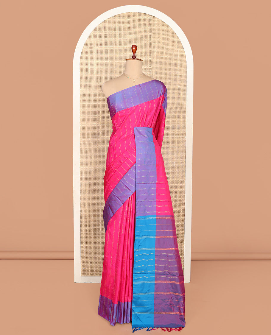 Pink Aarani Silk Saree, Accentuated with Zari Stripes on Its Body, Complemented by a Contrast Zari Striped Border, Pallu of Zari Stripes, and Paired with a Contrast Blouse