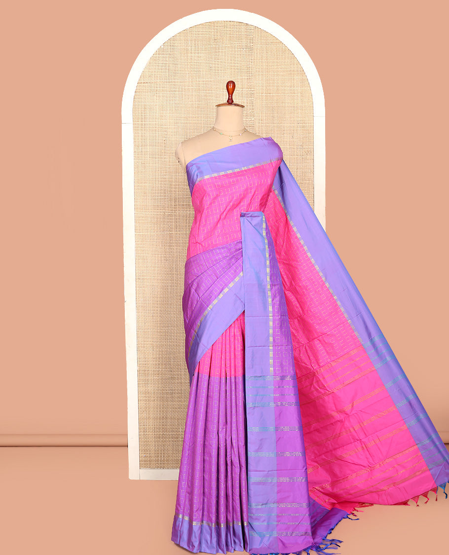 Pink and Lavender Aarani Silk Saree, Embellished with Zari Checks All Over Its Body, Complemented by a Contrast Border, Pallu of Stripes, and Paired with a Matching Blouse