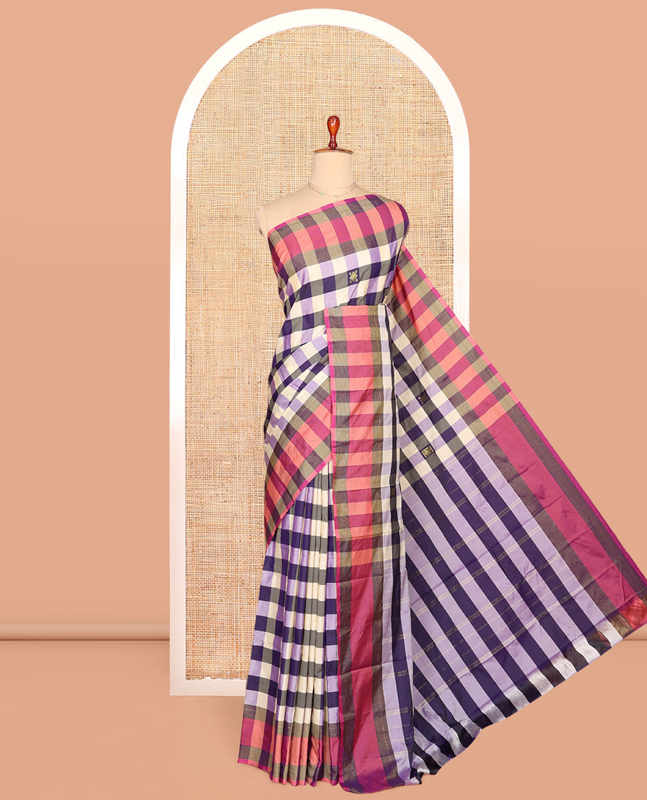 Multi-Color Aarani Gift Saree, Beautified with Checked Design and Zari Buttas on Its Body, Complemented by a Contrast-Checked Border, Subtly Striped Pallu, and Paired with a Matching Blouse