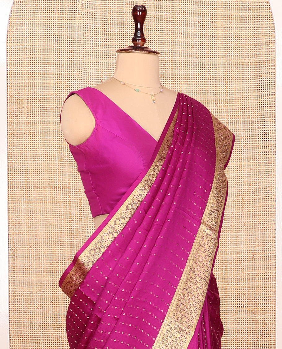 Pink Plain Mysore Silk Saree, Highlighted by Traditional Zari Border, Zari Designs Woven Pallu, and Paired with a Matching Blouse