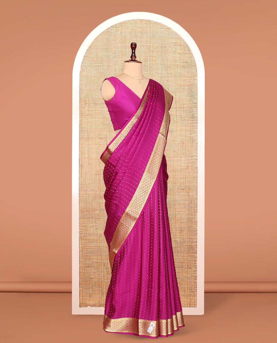 Pink Plain Mysore Silk Saree, Highlighted by Traditional Zari Border, Zari Designs Woven Pallu, and Paired with a Matching Blouse