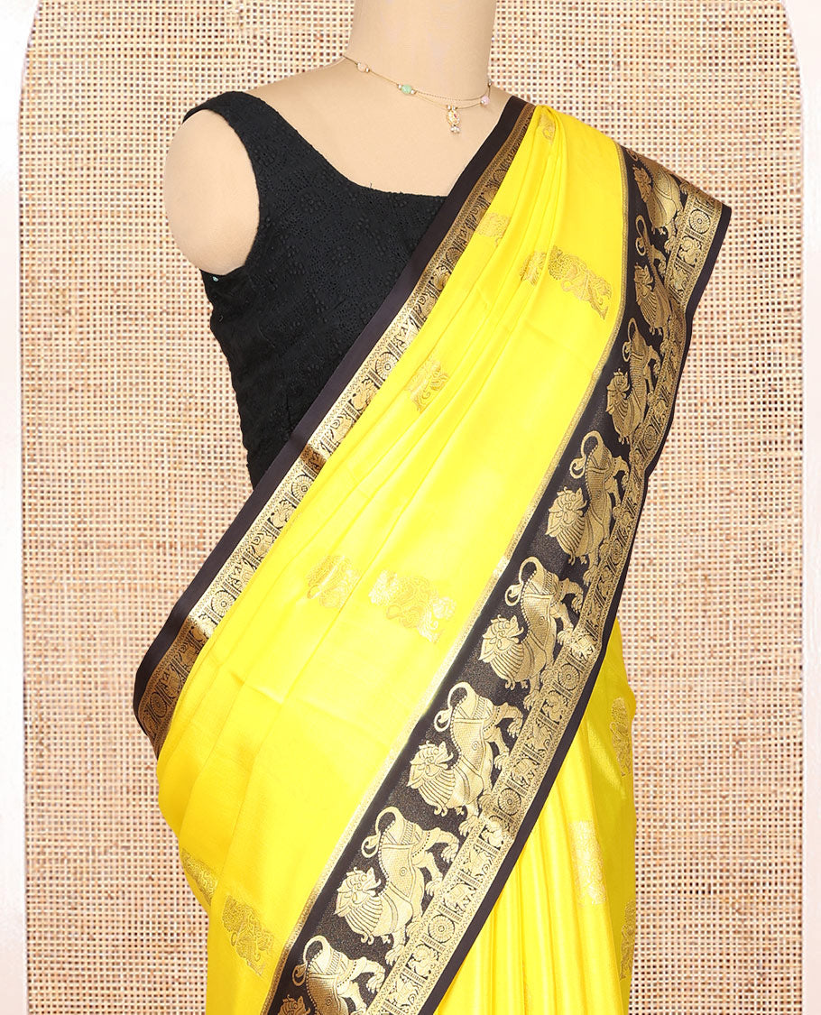Yellow Mysore Silk Saree Features Lion-Elephant Butta, Contrast Traditional Lion Zari Border, a Grand Pallu, and a Contrast Blouse