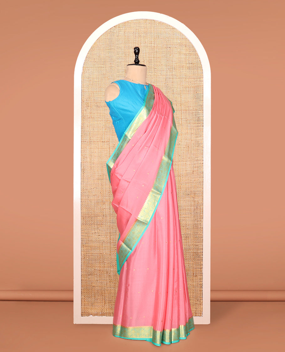 Pink Zari Buttas Mysore Silk Saree, Complemented by a Contrast Traditional Zari Border, Zari Design Pallu, and a Contrast Blouse