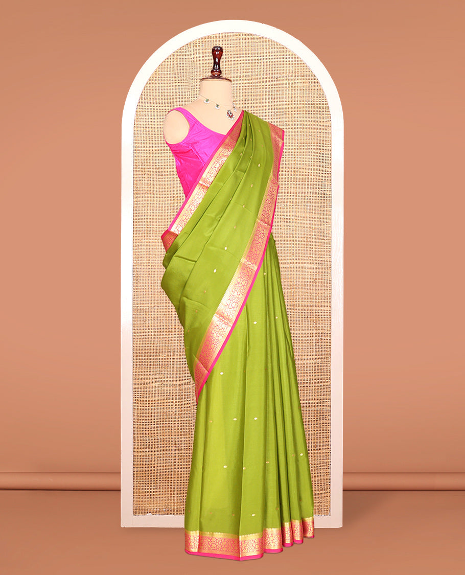 Parrot Green Zari Buttas Mysore Silk Saree, Complemented by a Contrast Floral Zari Border, Zari Design Pallu, and a Contrast Blouse
