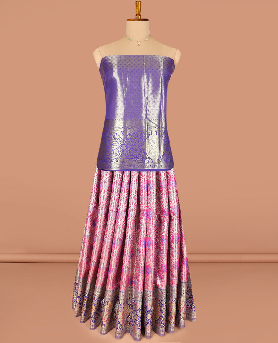 Pink Mughal-style jacquard art-silk half-saree, contrast traditional zari bordered skirt, jacquard blouse, and a paisley design dhavani