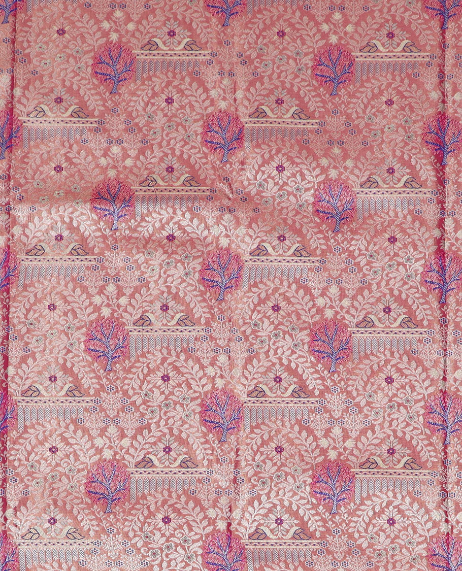 Pink Mughal-style jacquard art-silk half-saree, contrast traditional zari bordered skirt, jacquard blouse, and a paisley design dhavani