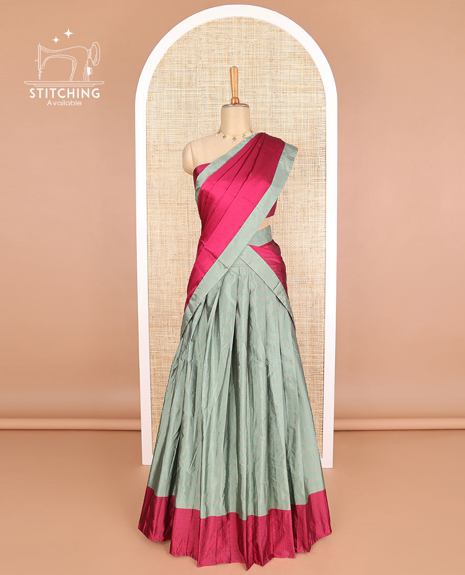 Light green checked poly-cotton half saree with contrast border, plain blouse & plain, checked border dhavani