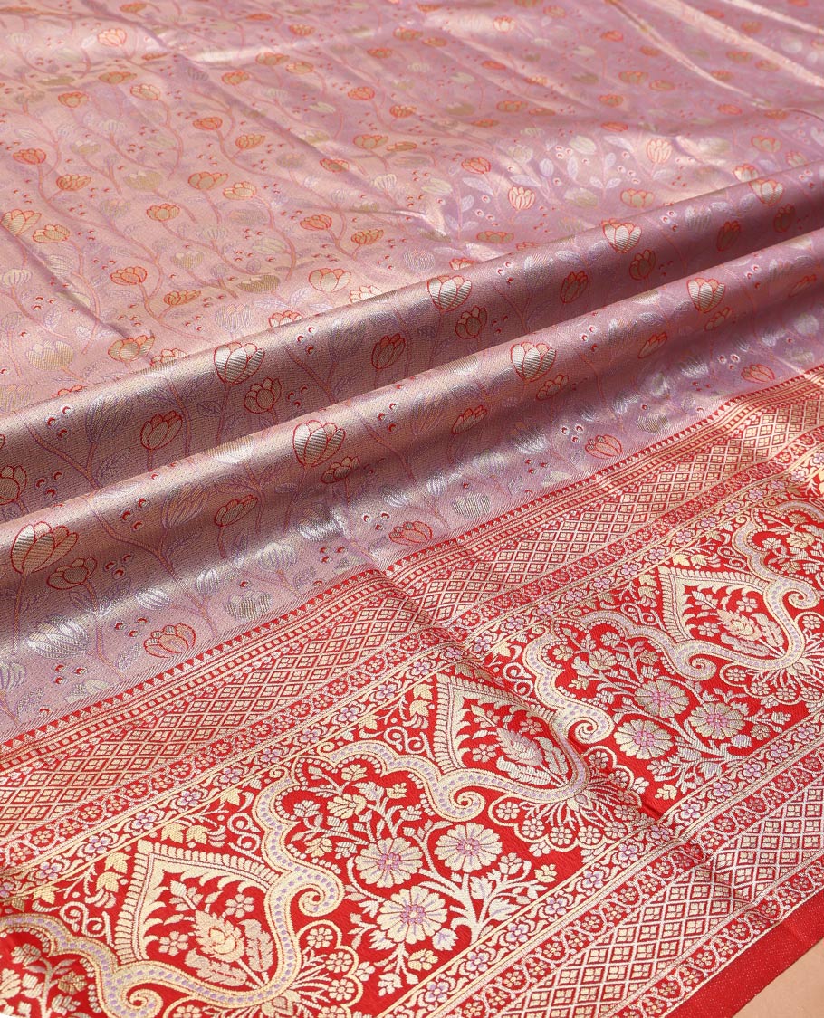 Pale Pink Art Silk Material Half Saree Set, Woven with Floral Jacquard Skirt, a Contrast Jacquard Border, Contrast Blouse, and an Intricate Dhavani