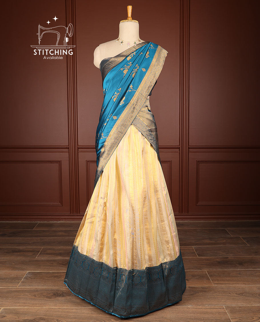 Multi Colour floral motifs half saree with contrast intricate zari design , checked zari design blouse & floral zari design dhavni