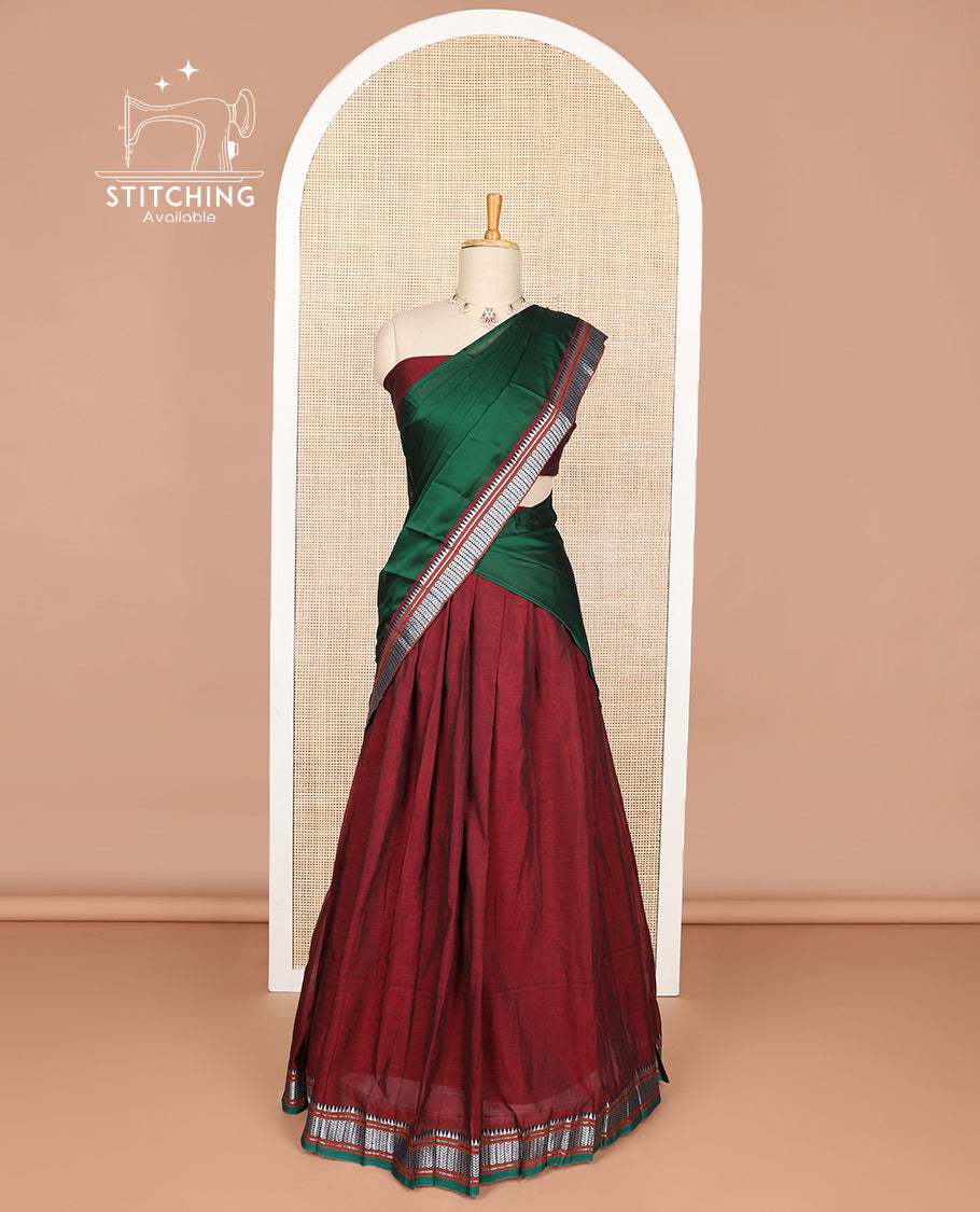 Maroon cotton half saree with contrast zari design border, zari design blouse & plain, zari design border dhavani