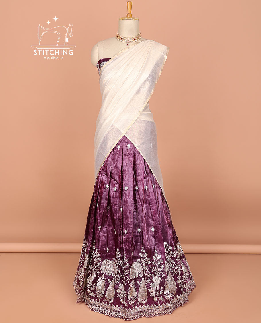 Purple floral embroidered half saree with self embroidered border, floral embroidery blouse & floral buttas , scallop border dhavani