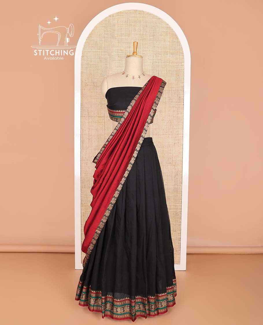Black cotton half saree with contrast intricate zari design border, zari design blouse & peacock border dhavani