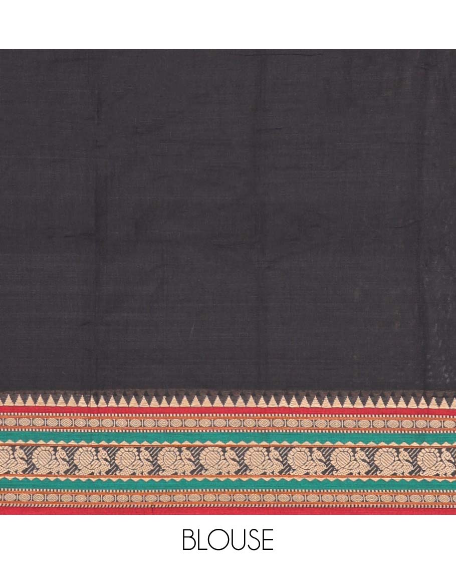 Black cotton half saree with contrast intricate zari design border, zari design blouse & peacock border dhavani