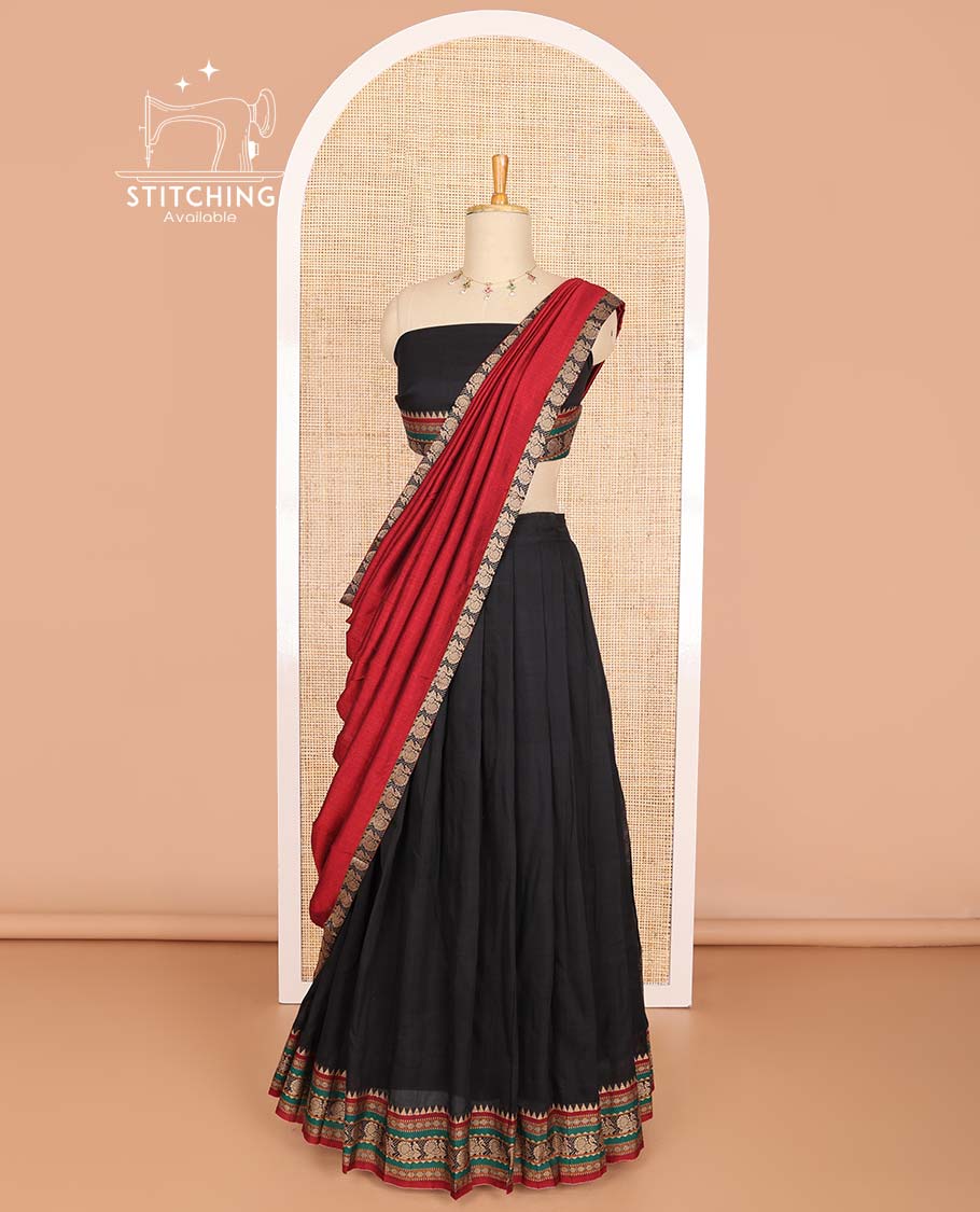 Black cotton half saree with contrast intricate zari design border, zari design blouse & peacock border dhavani