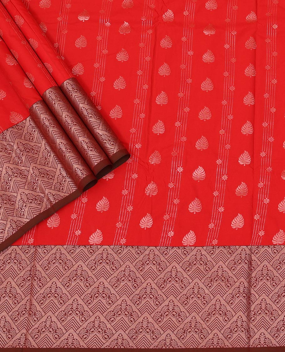 Red Art Silk Pavadai Material Set, Featuring Leaf Zari Buttas All Over the Skirt, Complemented by a Contrast Jaal Patterned Zari Design Border, and Paired with a Contrast Blouse