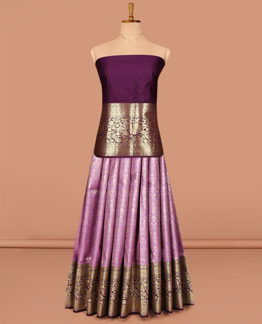Lavender Art Silk Pavadai Material Set, Steeped in Richness of Jacquard on Its Skirt, Complemented by a Contrast Floral Zari Designs Border, and Paired with a Contrast Blouse