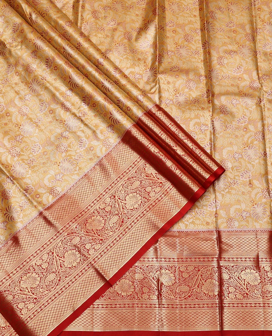 Yellow Art Silk Half-Saree, Gleamed Up with Jacquard Design, Contrast Traditional Zari Border, Paired with a Contrast Jacquard Blouse, and an Intricate Dhavani