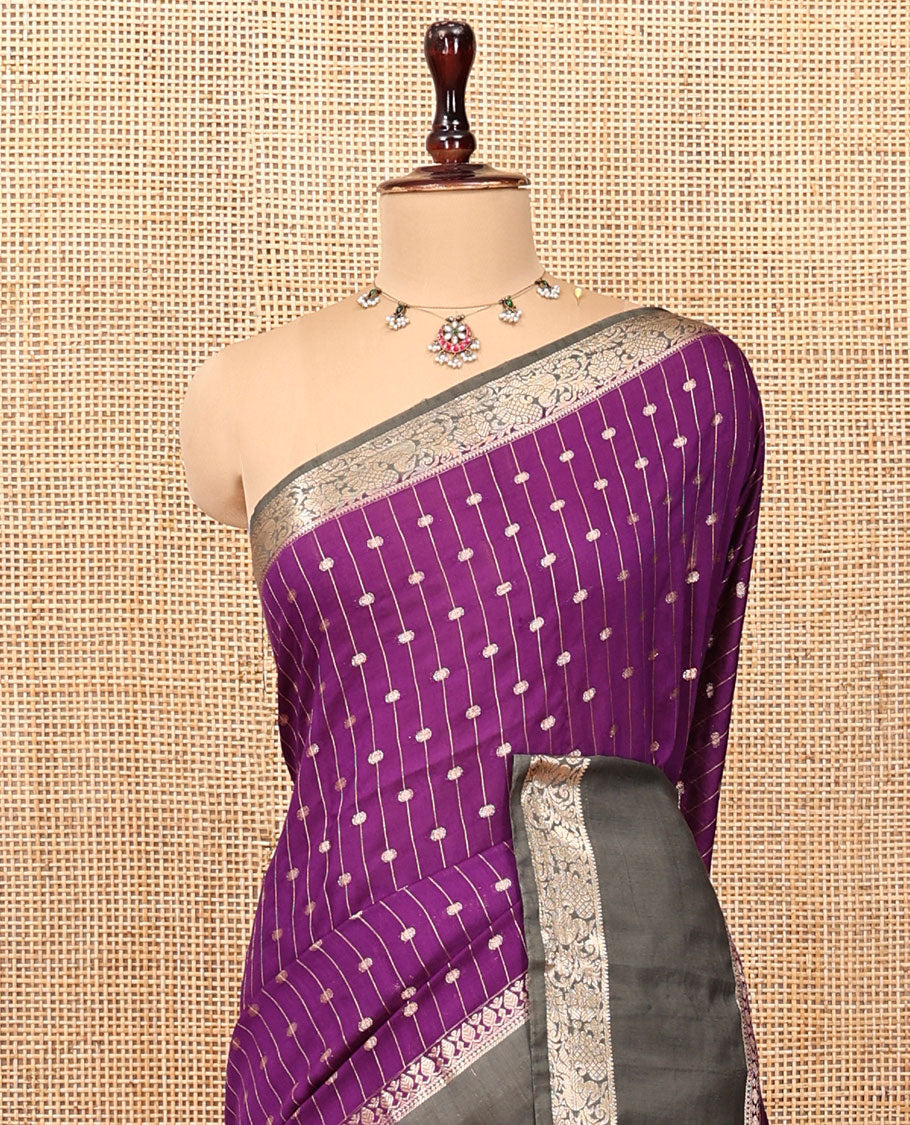 Purple Assam Silk Saree, Detailed with Zari Stripes, Complemented by Contrast Traditional Zari Border, Gleaming Striped Pallu, and Contrast Blouse