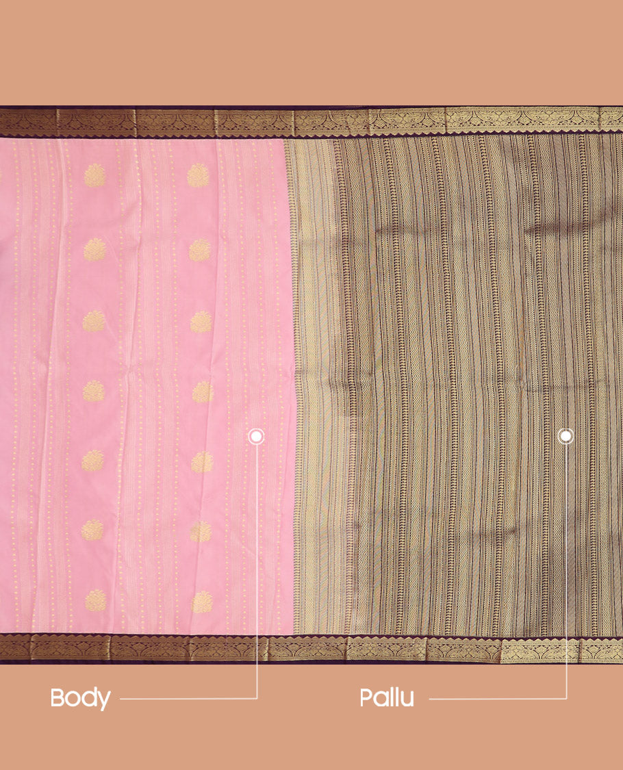 Pink Budget Silk Saree, Highlighted by Zari Designs, Complemented by a Contrast Traditional Border of Peacock Designs, Pallu Steeped with Traditional Designs, and Paired with a Contrast Blouse
