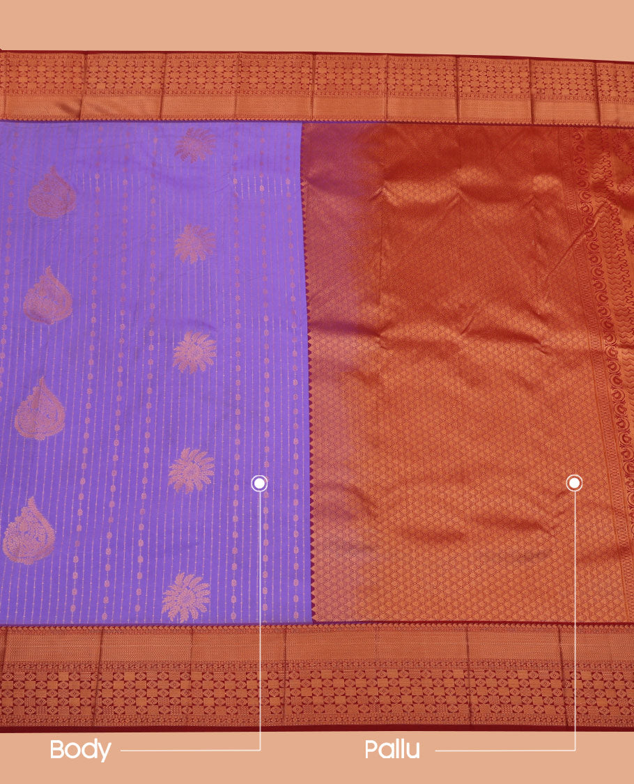 Lavender Budget Silk Saree Subtly Sparked Zari Designs, Complemented by a Contrast Traditional Zari-Design Border, Pallu Adorned with Jaal Designs, and Paired with a Contrast Blouse