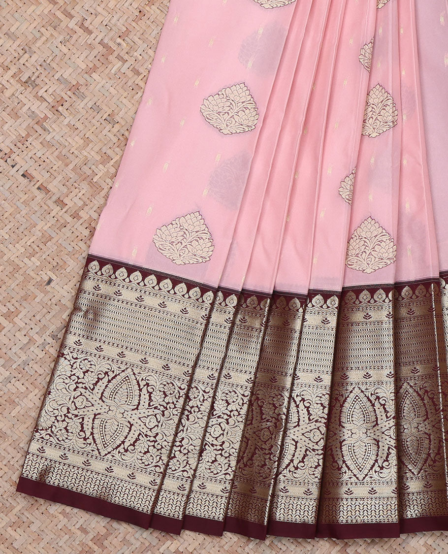 Pink Budget Silk Saree, Highlighted by Buttas All Over Its Body, Complemented by a Contrast Traditional Zari Design Border, Majestically Detailed Pallu, and Paired with a Contrast Blouse