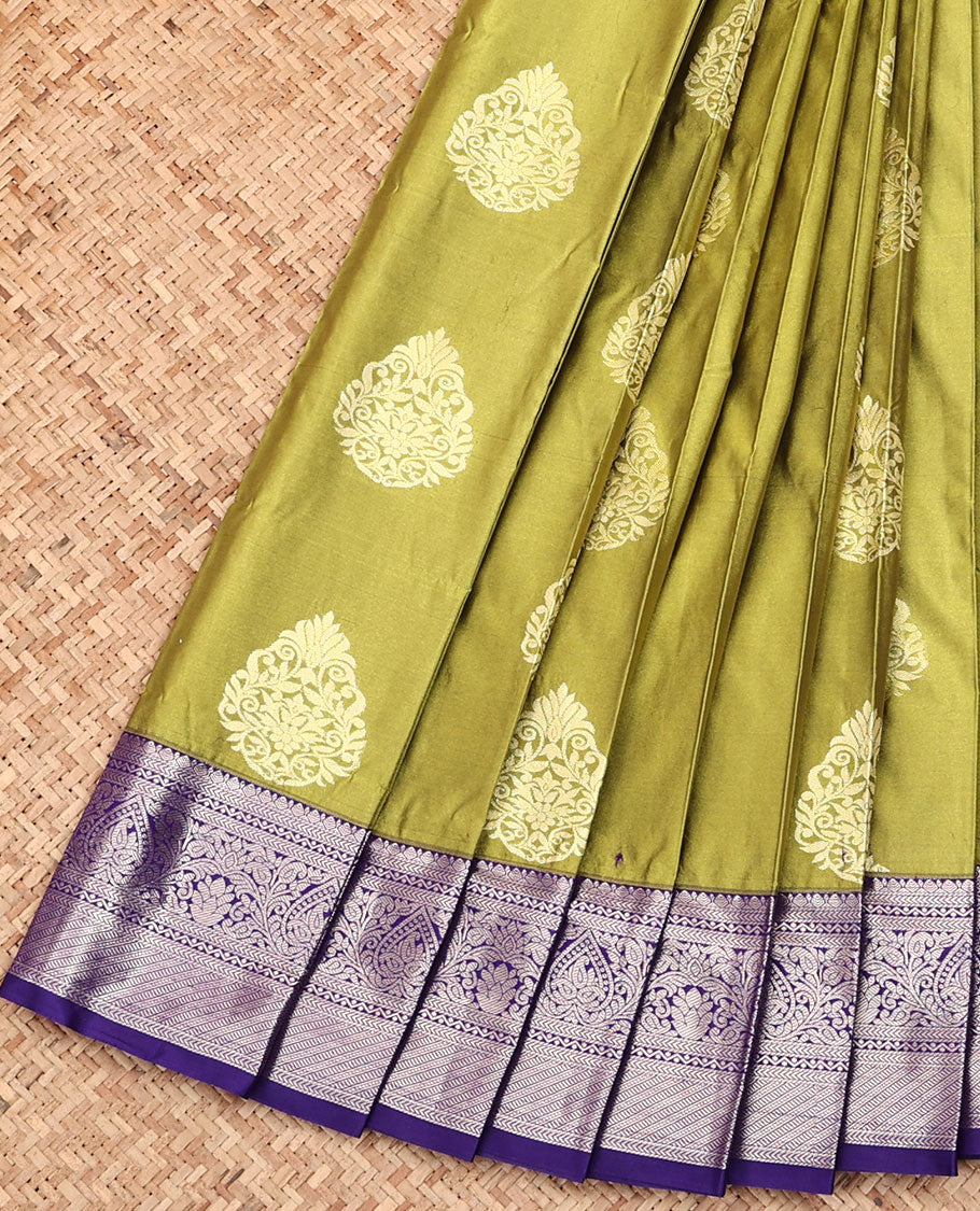 Green Budget Silk Saree, Decorated with Zari Buttas All Over Its Body, Complemented by a Contrast Traditional Zari Design Border, Grand Jaal Pallu, and Paired with a Contrast Blouse