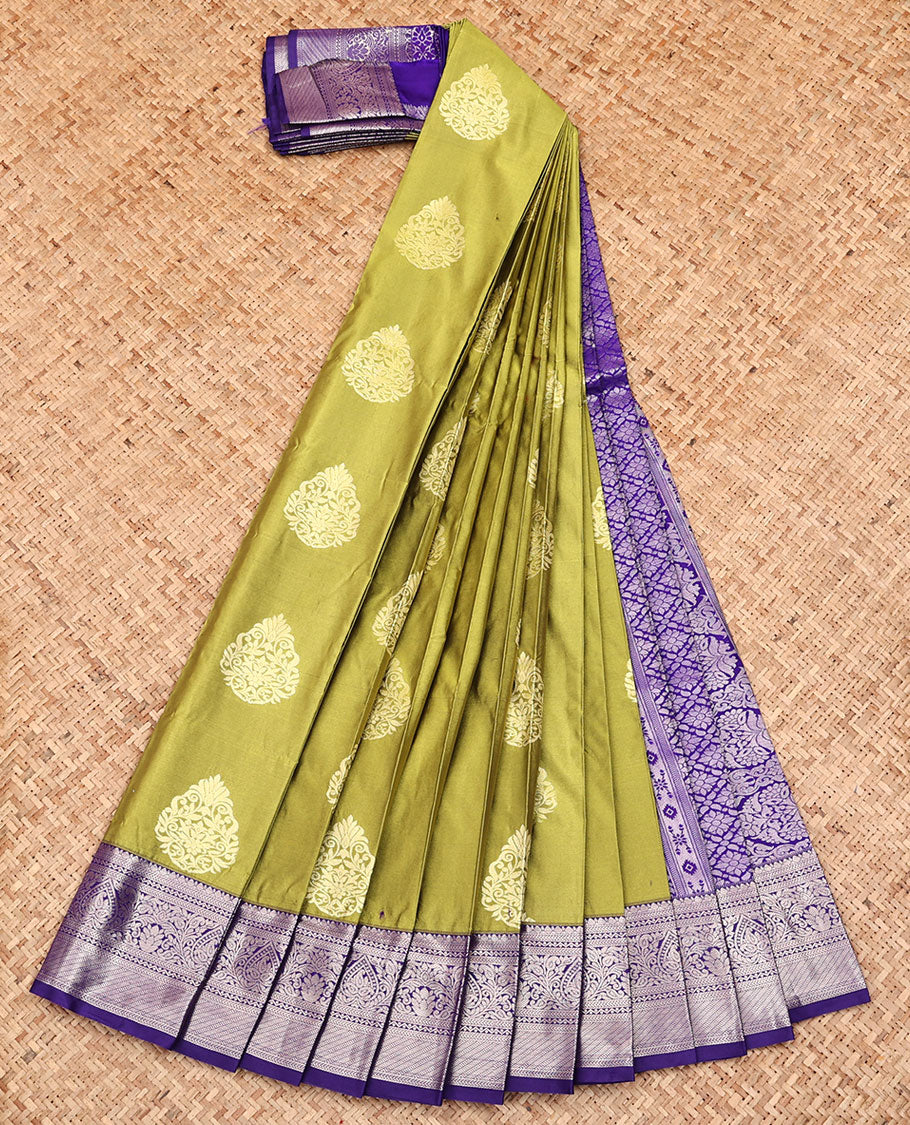 Green Budget Silk Saree, Decorated with Zari Buttas All Over Its Body, Complemented by a Contrast Traditional Zari Design Border, Grand Jaal Pallu, and Paired with a Contrast Blouse