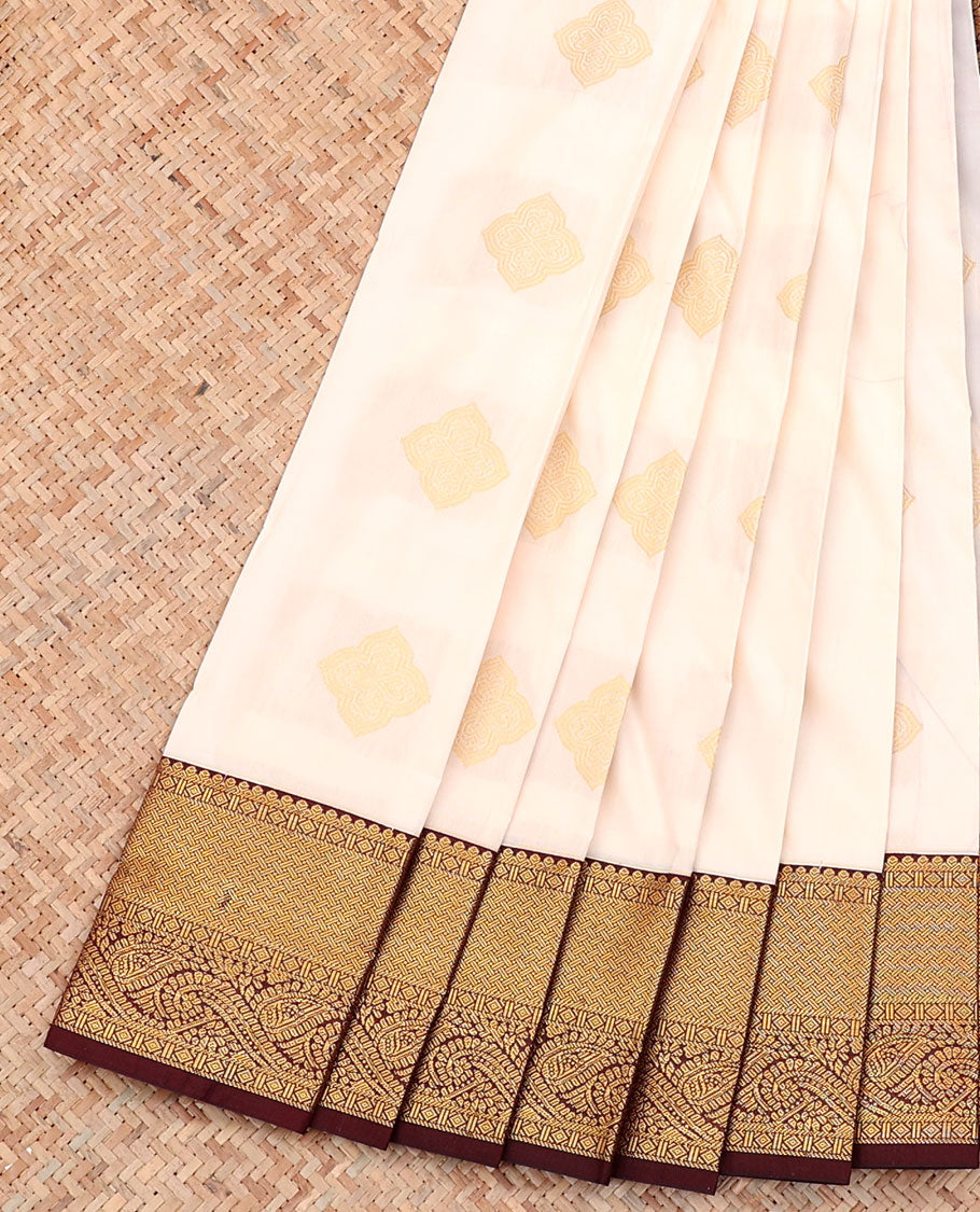 White Budget Silk Saree, Spotlighted with Zari Buttas on Its Body, Complemented by a Contrast Traditional Zari Design Border, Grand Pallu, and Paired with a Contrast Blouse