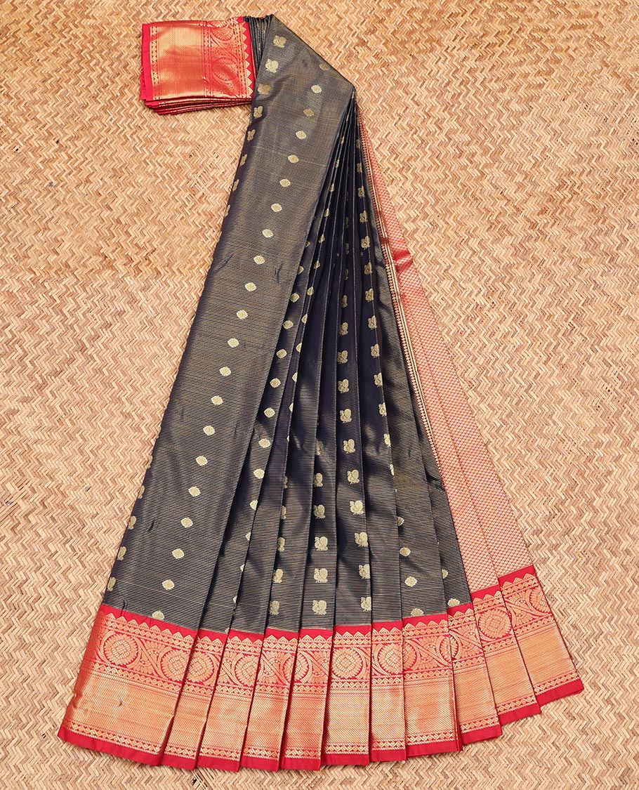 Blue Budget Silk Saree, Woven with Peacock and Chakram Buttas on Its Body, Complemented by a Contrast Traditional Zari Design Border, Grand Jaal Pallu, and Paired with a Contrast Blouse