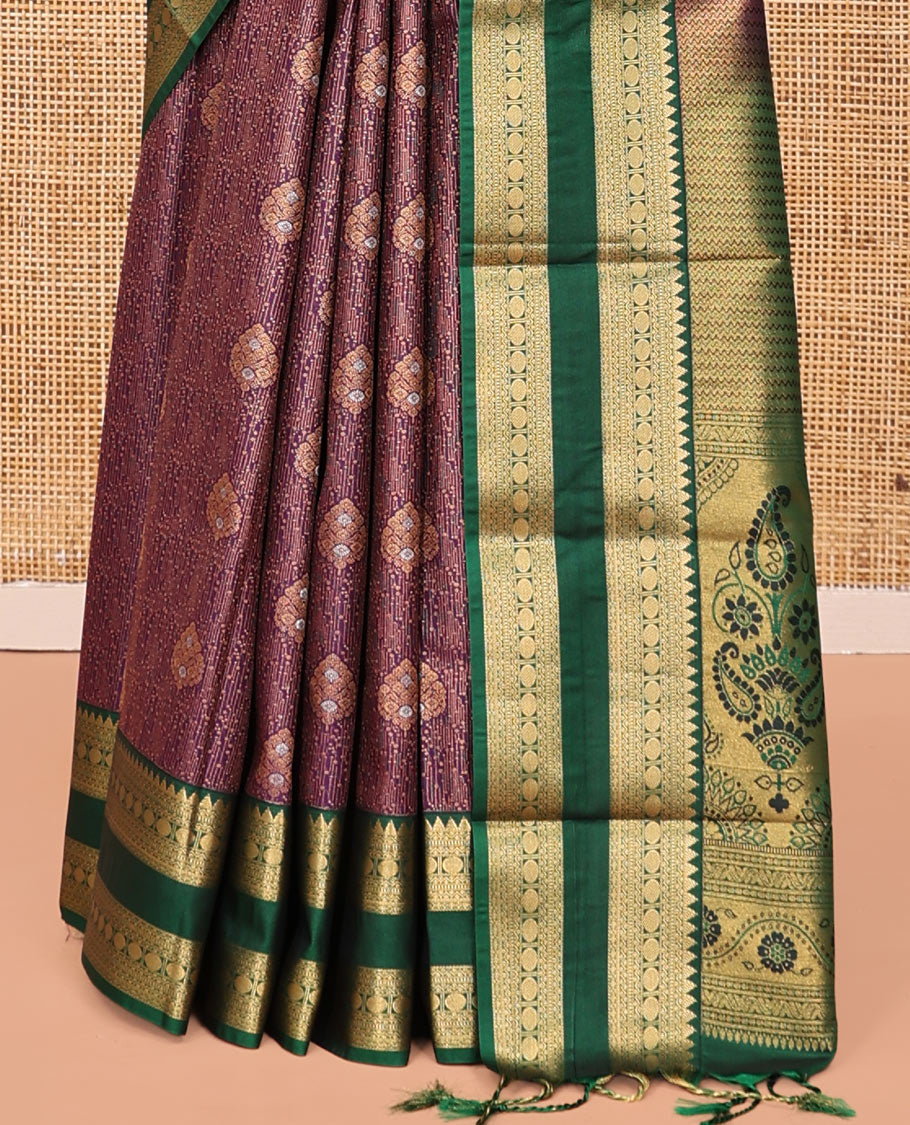 Purple Budget Silk Saree, Enriched with Zari Designs, Complemented by Contrast Traditional Rettai Pettu Border, Intricately Designed Pallu, and a Contrast Blouse