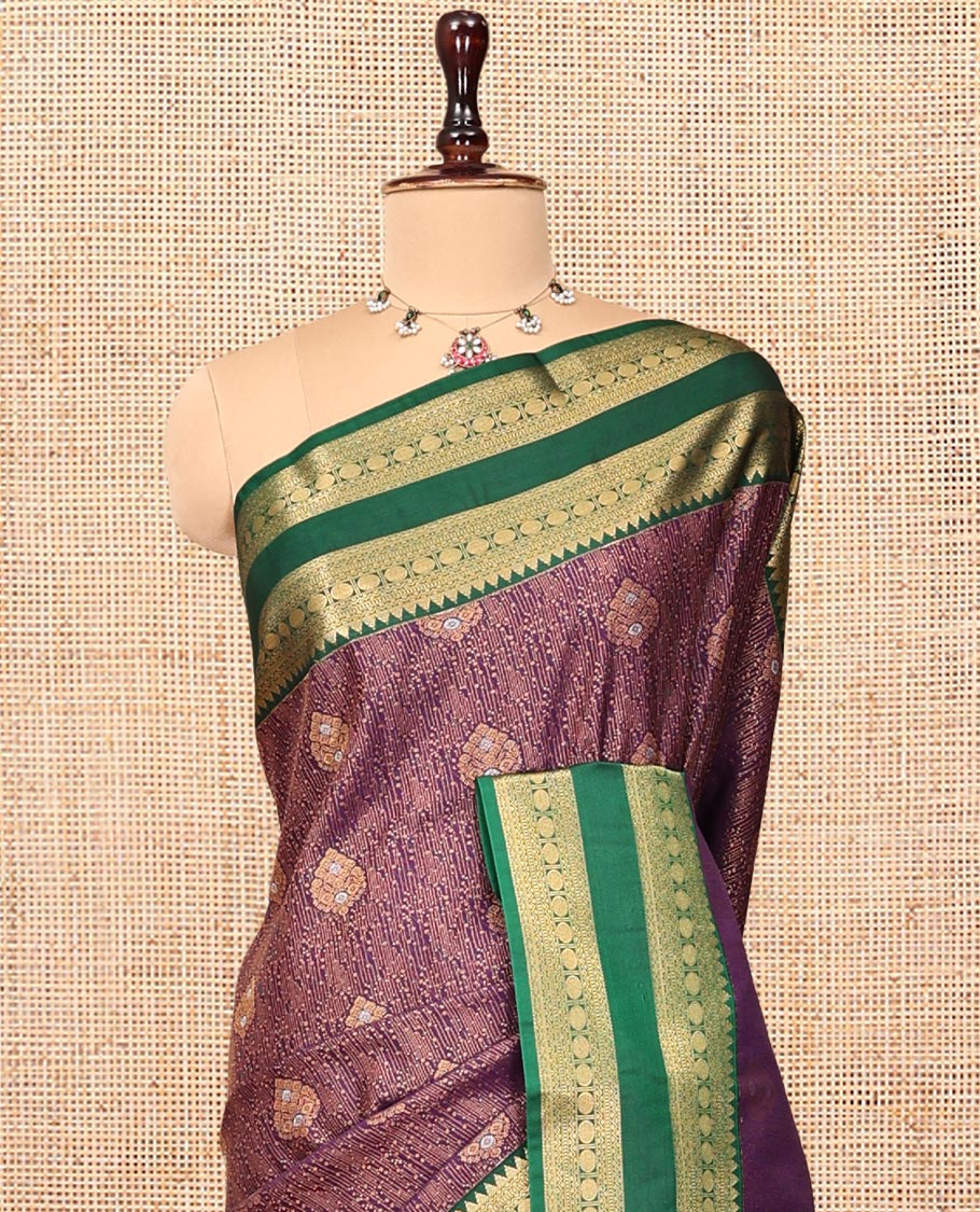 Purple Budget Silk Saree, Enriched with Zari Designs, Complemented by Contrast Traditional Rettai Pettu Border, Intricately Designed Pallu, and a Contrast Blouse