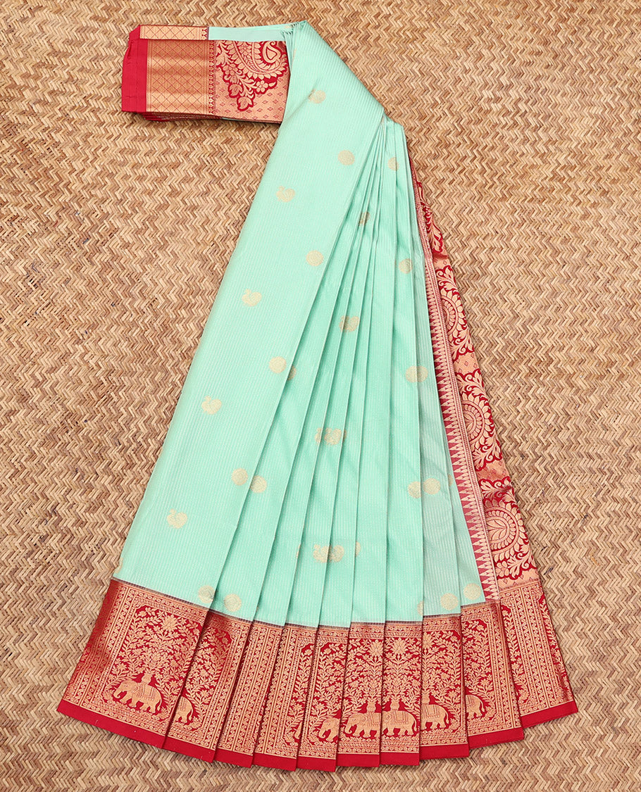 Sea Green Budget Silk Saree, Delicately Woven with Zari Buttas, Complemented by a Contrast Traditional Zari Border, Paisley Pallu, and a Contrast Blouse