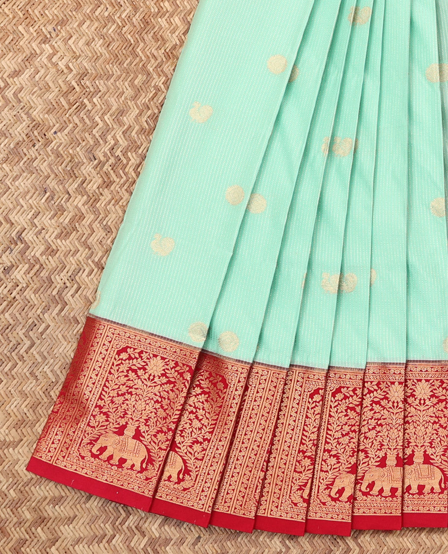 Sea Green Budget Silk Saree, Delicately Woven with Zari Buttas, Complemented by a Contrast Traditional Zari Border, Paisley Pallu, and a Contrast Blouse