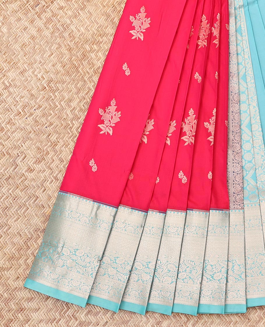 Pink Budget Silk Saree, Prettified with Zari Buttas, Complemented by a Contrast Traditional Zari Border, Grand Pallu, and a Contrast Blouse