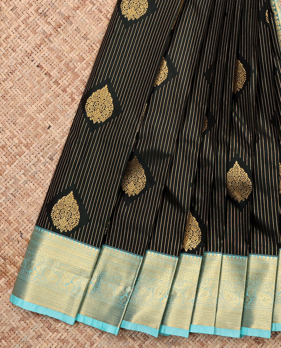 Green Budget Silk Saree, Embellished with Zari Buttas and Stripes, a Contrast Traditional Zari Border, Intricate Pallu, and a Contrast Blouse