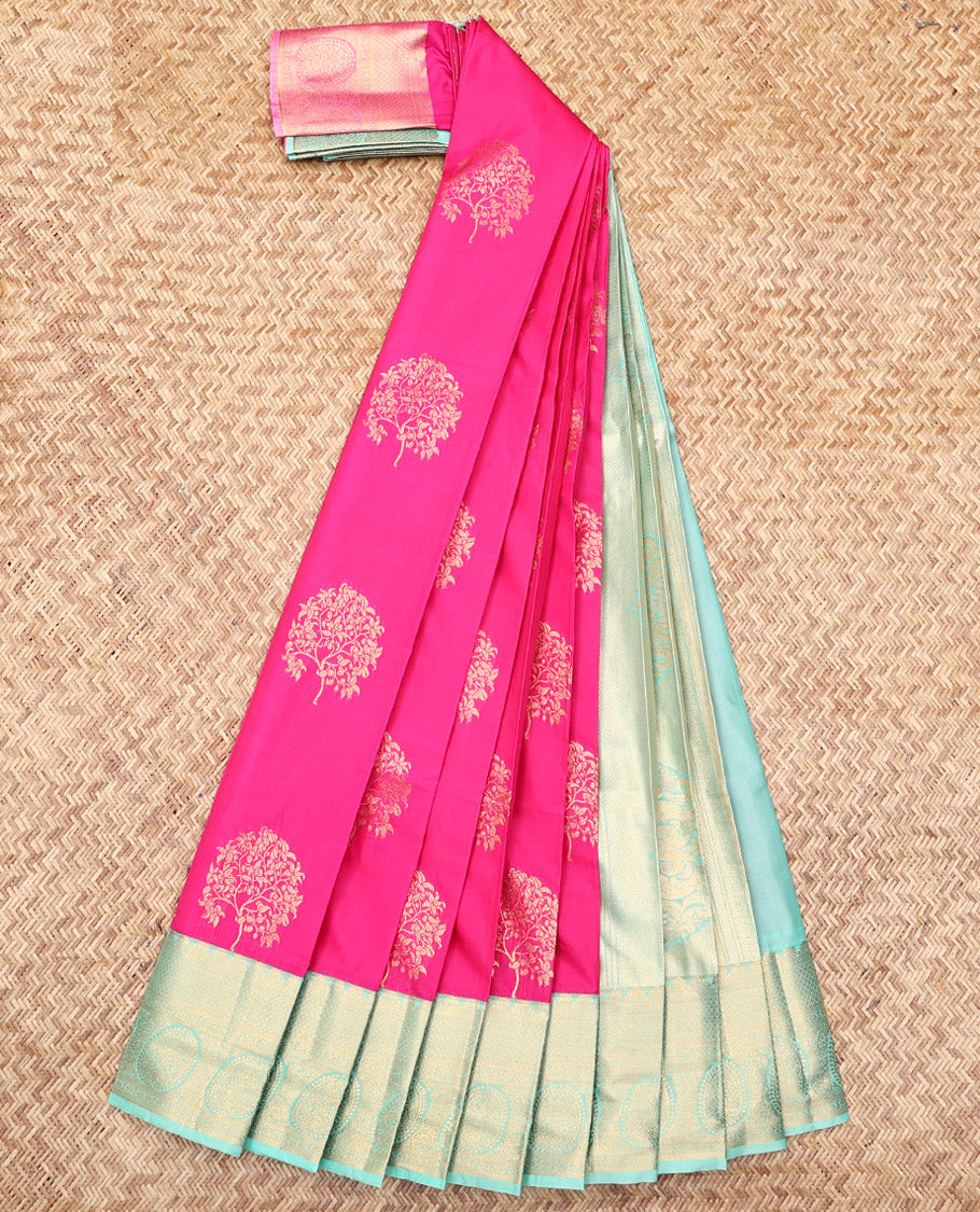 Pink Budget Silk Saree, Embellished with Zari Buttas, Complemented by a Contrast Traditional Zari Border, Grand Pallu, and a Contrast Blouse