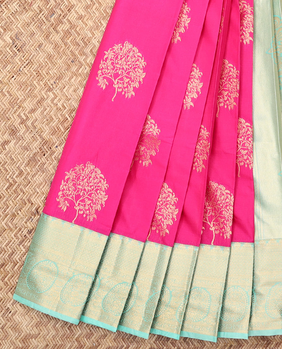 Pink Budget Silk Saree, Embellished with Zari Buttas, Complemented by a Contrast Traditional Zari Border, Grand Pallu, and a Contrast Blouse