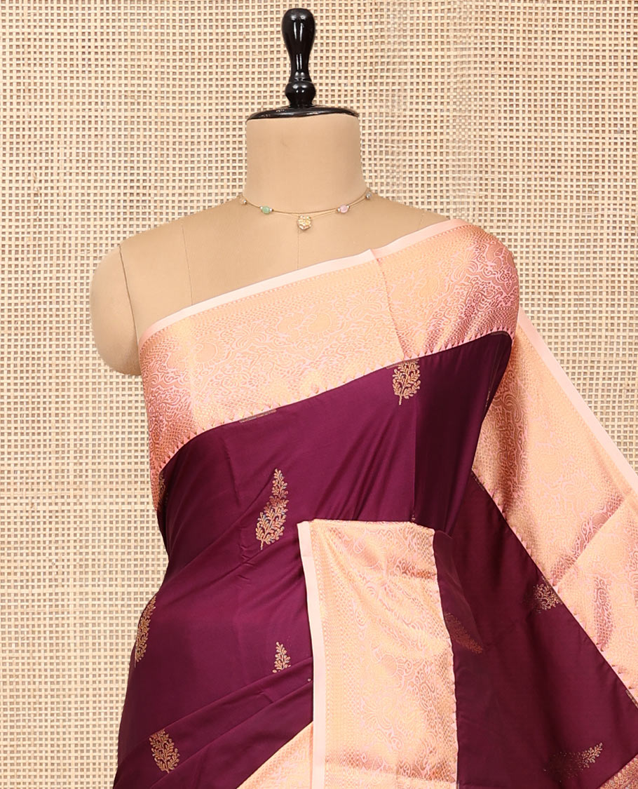 Maroon Budget Silk Saree, Decked Up with Zari Buttas, Complemented by a Contrast Traditional Zari Border, Grand Pallu, and Contrast Blouse