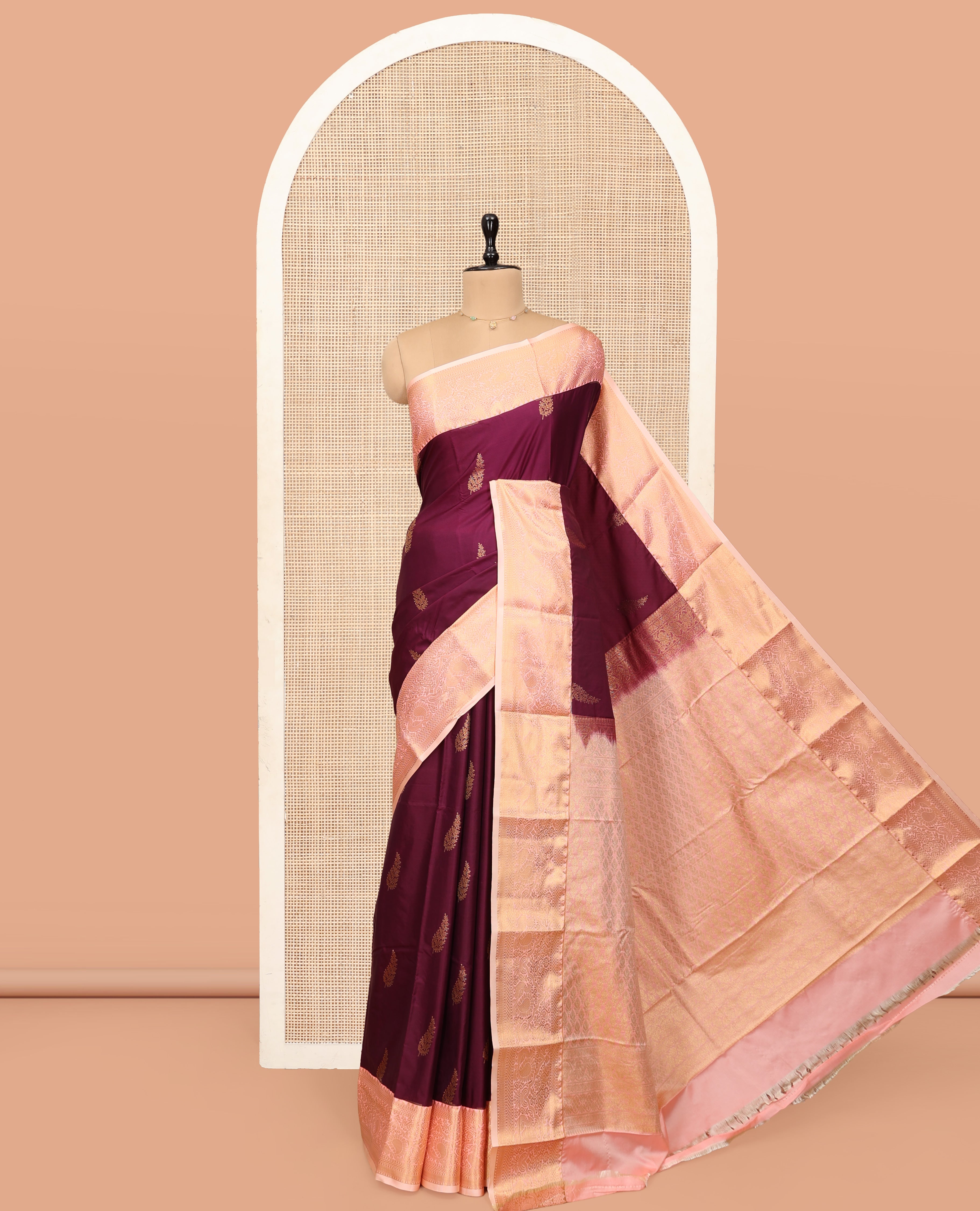 Maroon Budget Silk Saree, Decked Up with Zari Buttas, Complemented by a Contrast Traditional Zari Border, Grand Pallu, and Contrast Blouse