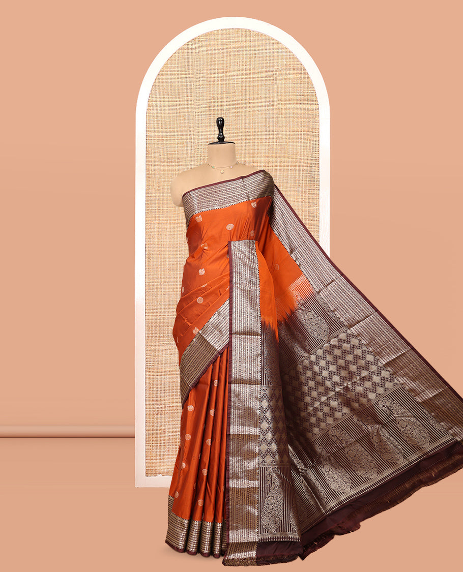 Orange Budget Silk Saree, Artfully Detailed with Mayil-Chakram Buttas, Complemented by a Contrast Traditional Zari Border, Pallu of Jaal and Paisleys, and Contrast Blouse