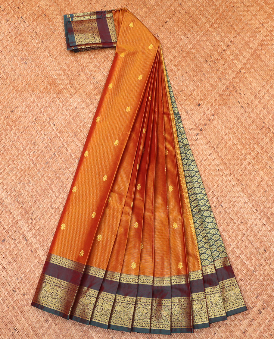 Orange Budget Silk Saree, Subtly Woven with Buttas All Over Its Body, Complemented by Contrast Traditional Zari Rettai Pettu Border, Grand Pallu, and Paired with a Contrast Blouse