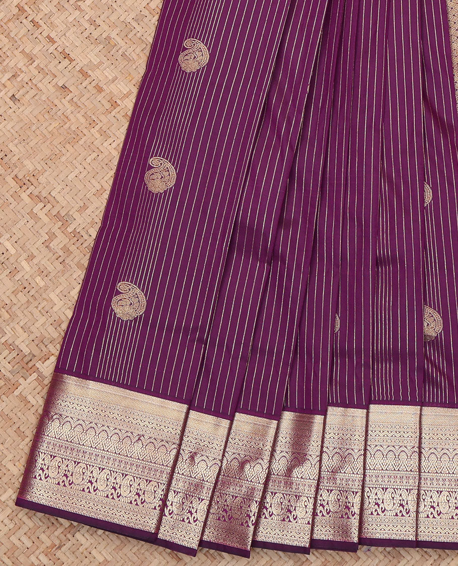 Purple Budget Silk Saree, Bedecked with Paisley Buttas and Zari Stripes All Over Its Body, Highlighted by a Traditional Zari Design Border, Pallu of Jaal Design, and Paired with a Matching Blouse