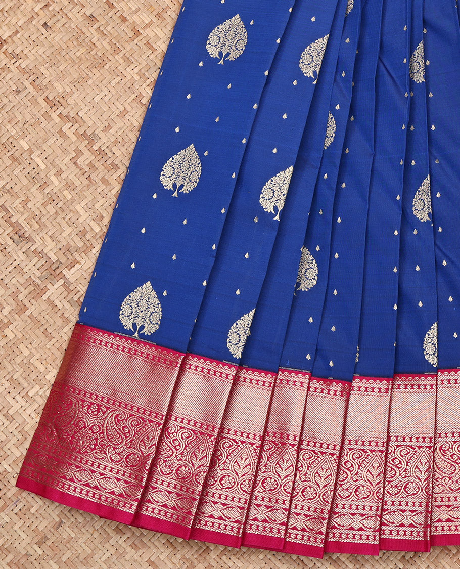 Royal Blue Budget Silk Saree, Detailed with Zari Buttas All Over Its Body, Complemented by a Contrast Traditional Zari Design Border, Intricately Designed Pallu, and Paired with a Contrast Blouse
