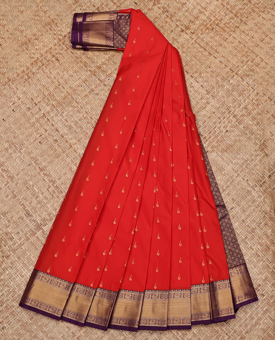 Red Budget Silk Saree, Bedecked with Zari Buttas All Over Its Body, Complemented by a Contrast Traditional Zari Peacock-Chakram Border, Grand Jaal Pallu, and Paired with a Contrast Blouse
