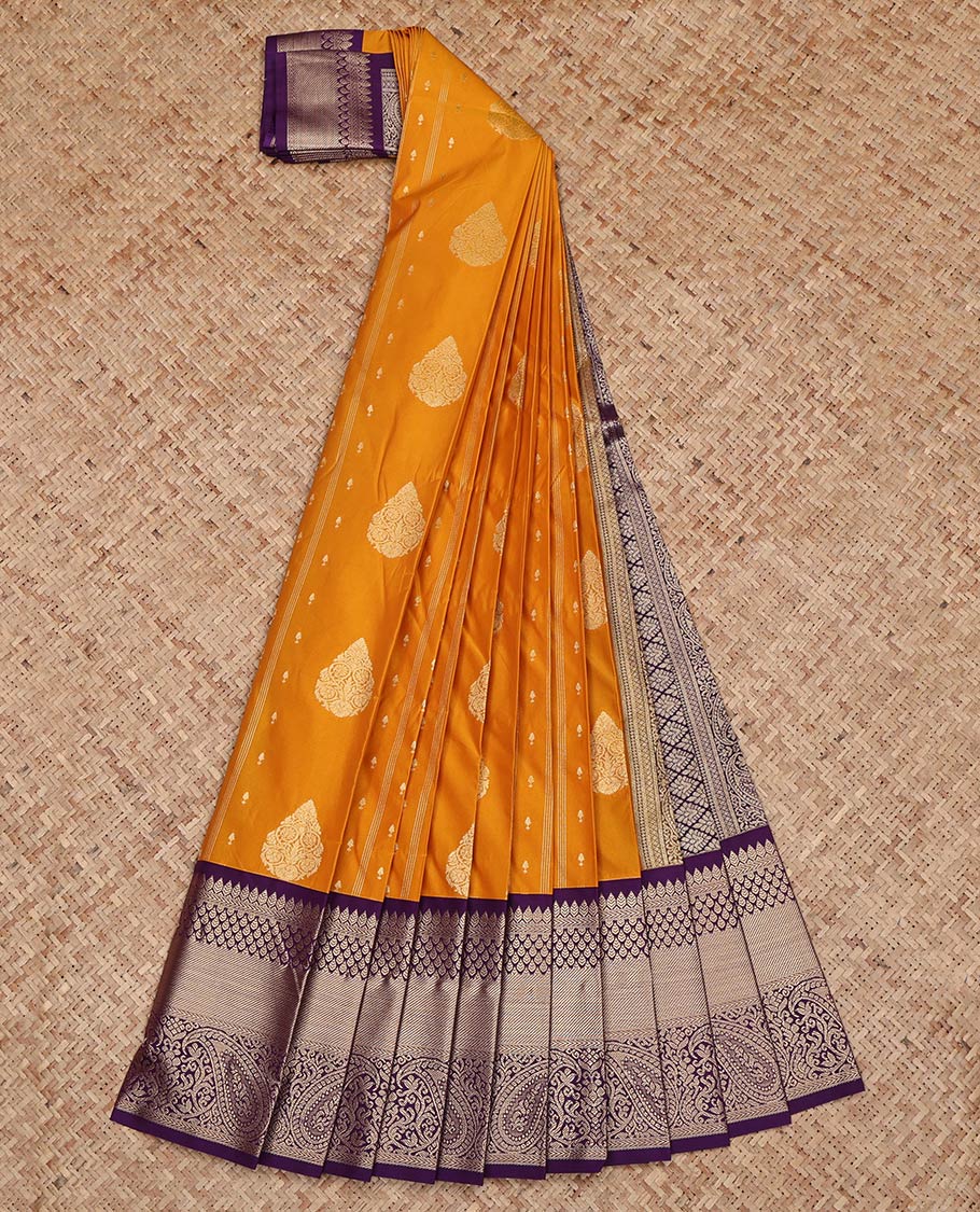 Orange Budget Silk Saree, Detailed with Zari Buttas and Stripes on Its Body, Complemented by a Contrast Traditional Zari Design Border, Grand Jaal Pallu, and Paired with a Contrast Blouse